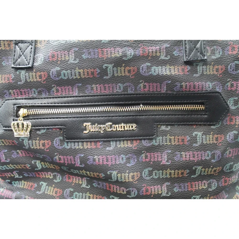 Juicy Couture Rainbow Logo Print Satchel Duffel Shoulder Bag Black Crown Charm